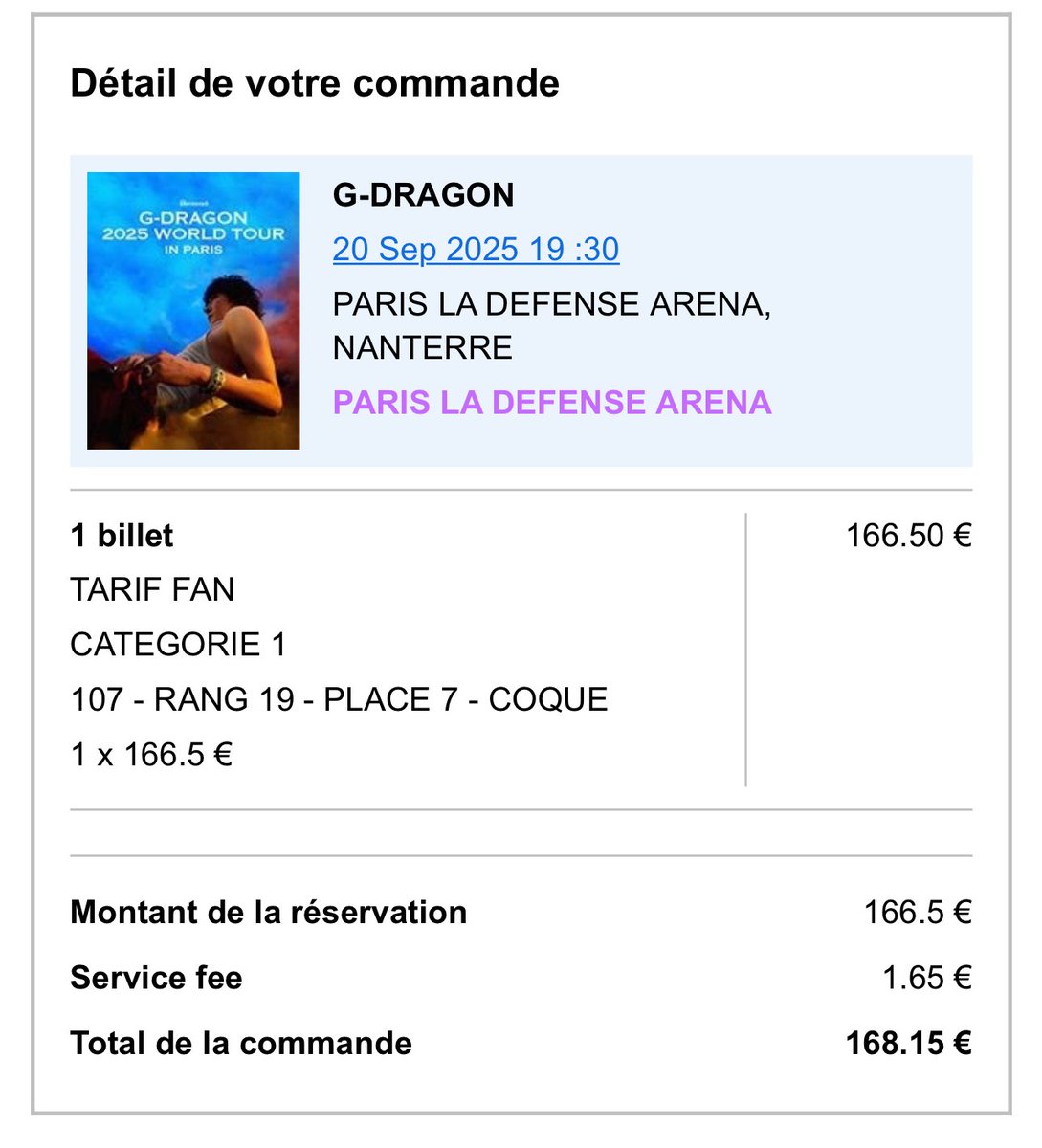 Selling one G-Dragon Paris ticket. Dm if interested.