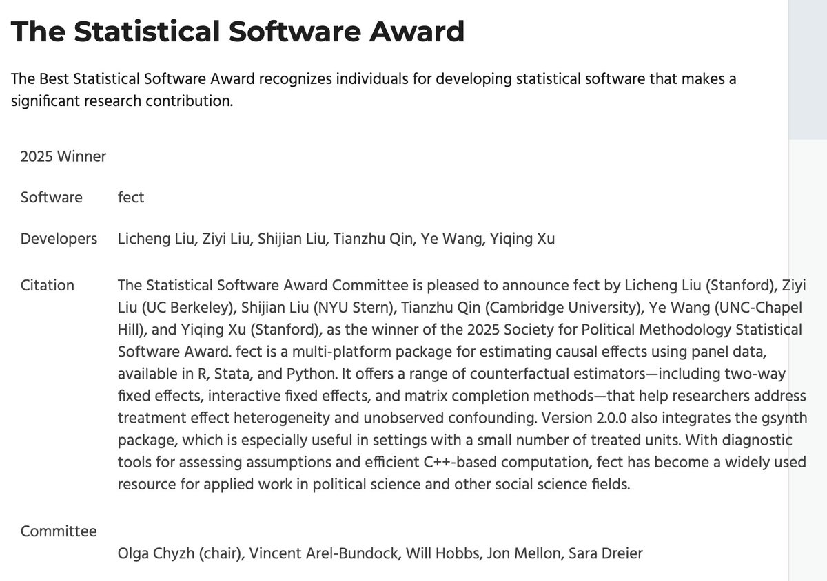 Thrilled to share that **fect** has won the 2025 Best Software Award from the Society of Political Methodology.  We're honored!
polmeth.org/statistical-so…

To celebrate, we've just released fect v2.0.5 on CRAN &amp; Github 🎉