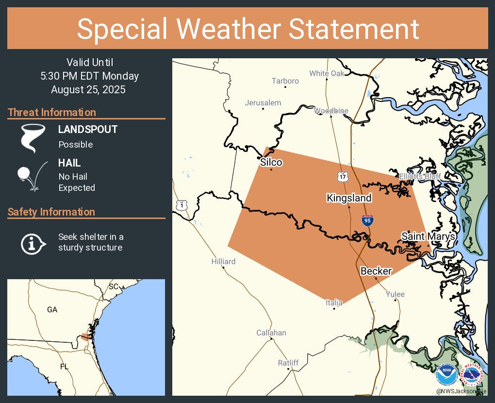 A special weather statement has been issued for Saint Marys GA, Kingsland GA and  Silco GA until 5:30 PM EDT