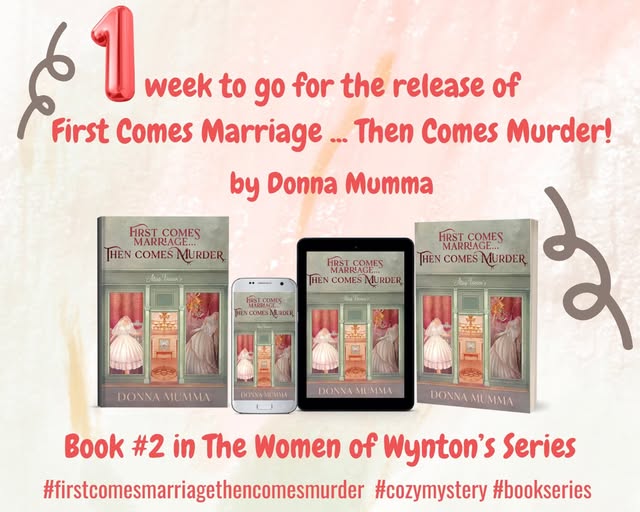 friscea's tweet photo. One week from today, book #2 in The Women of Wynton's cozy mystery series will be released! Get ready for a great mystery  — beautiful brides in Miss Vivien's gowns murdered. How? Why? By Whom? Can't tell you, you'll have to grab yourself a copy by pre-order now or purchase 9/1 https://t.co/FFKBF0YHbh