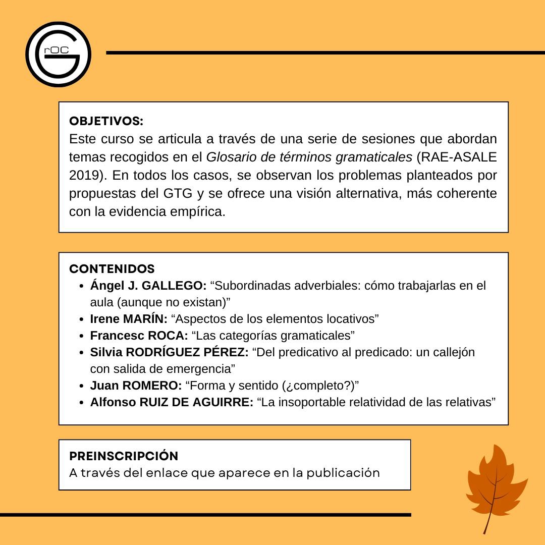 🚨🏷️ Sintaxis en el aula: problemas y soluciones a partir del GTG

ℹ️ Este curso en línea te ofrece herramientas prácticas para trabajar los problemas más complejos del análisis sintáctico a partir del GTG.

🔗 PREINSCRIPCIÓN:

docs.google.com/forms/d/1UsNTI…