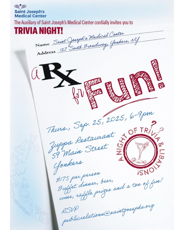 🎉 Join Us for a Night of Trivia and Libations! 🍷

Thursday, September 25, 2025
6:00 PM – 9:00 PM
Zuppa Restaurant, 59 Main Street, Yonkers, NY

Enjoy a delicious buffet dinner, beer &amp; wine, exciting raffle prizes, and trivia fun!

Register now: tinyurl.com/23sbxs8f