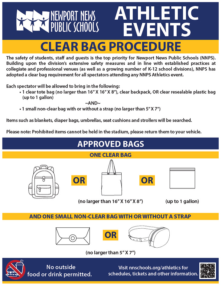 🚨BIG ANNOUNCEMENT Hurricanes‼️ 

NNPS has a new clear bag procedure in place. Anyone attending a sporting event must adhere to the new procedures to be admitted. This includes events at schools as well as Todd Stadium.