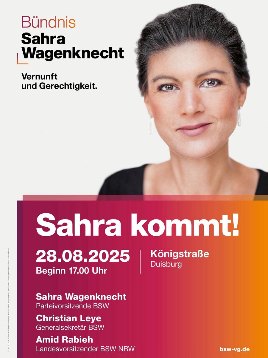 📣 Aufgepasst! Sahra Wagenknecht kommt nach Duisburg.
Während die Regierung Milliarden in Panzer und Bomben verpulvert, bröckeln in #NRW die Straßen, fehlen Kita-Plätze, Schulen und eine sichere Zukunft. Dieses #Politikversagen muss endlich aufhören!
Mit dabei: Christian Leye,