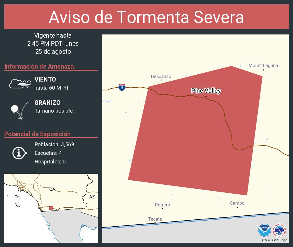 Aviso de Tormenta Severa incluye Pine Valley CA hasta las 2:45 PM PDT