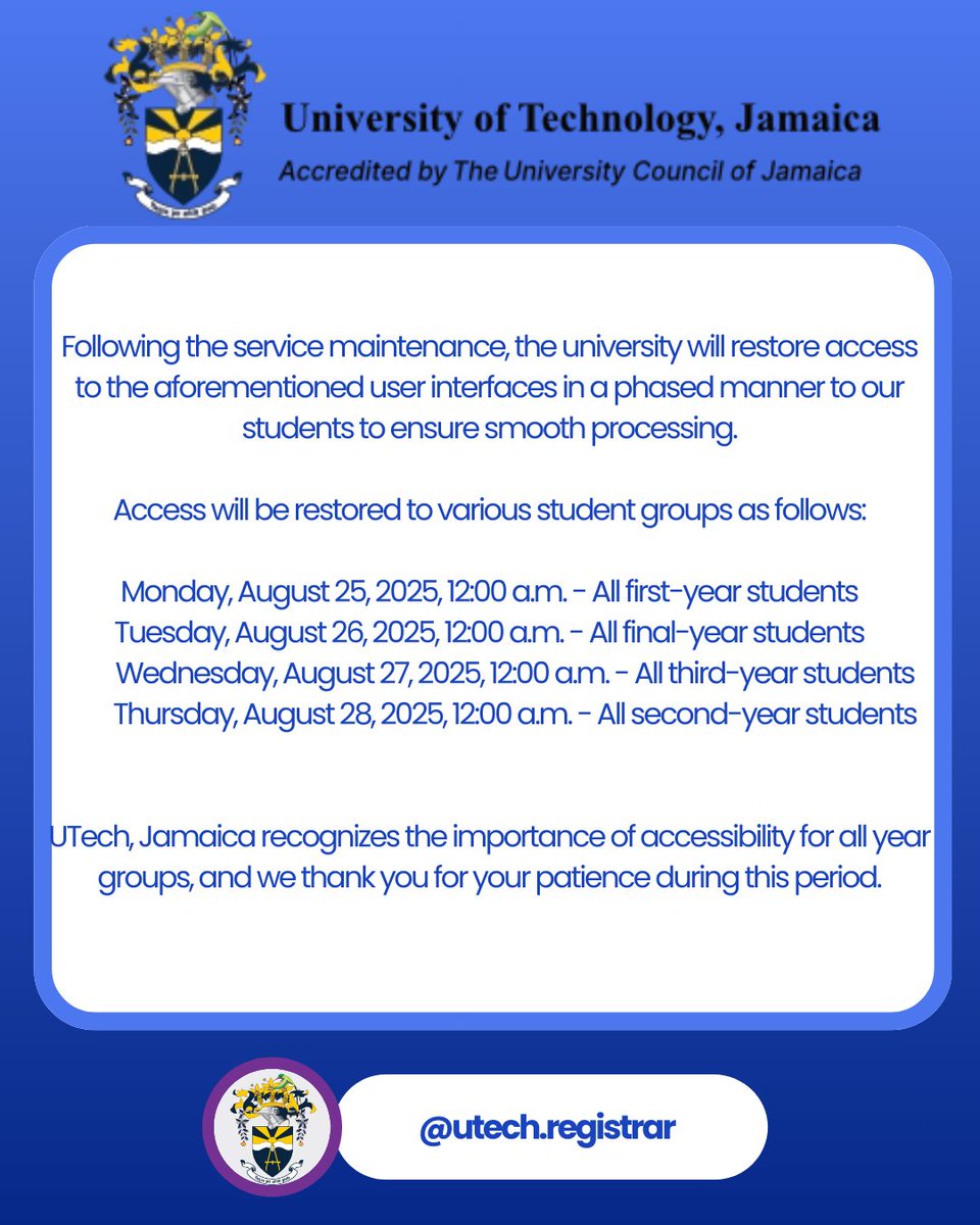 UTechRegistrar's tweet photo. ⚠️ Important Notice

#UTechJamaica #SystemMaintenance #StudentSupport #ModuleSelection #RegistrarUpdate https://t.co/VZHiub6zbZ