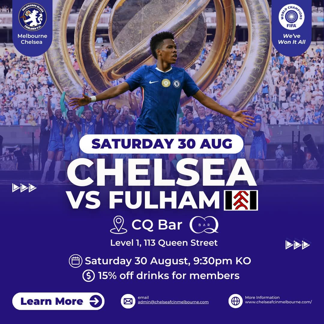 This Saturday, get along to CQ Bar to watch with your fellow Chelsea Supporters. 

Russ MCSC 
#UTC #KTBFFH #championsoftheworld

chelseafcinmelbourne.com/membership