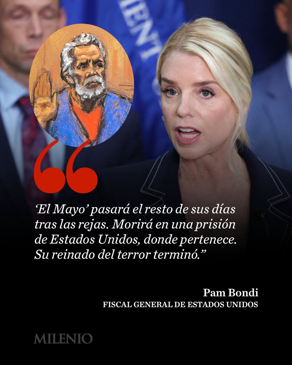 🗣️🇺🇸 Ismael ‘El Mayo’ Zambada pasará el resto de su vida tras las rejas de una prisión estadunidense tras declararse culpable de narcotráfico, anunció la fiscal general Pamela Bondi.

📌 “Confesó una vida de crimen al servicio del Cártel de Sinaloa, una organización terrorista