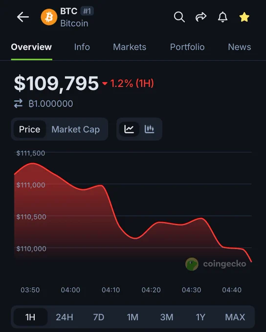 🦎COINGEKO: Il valore di $BTC scende sotto i 110.000 dollari.