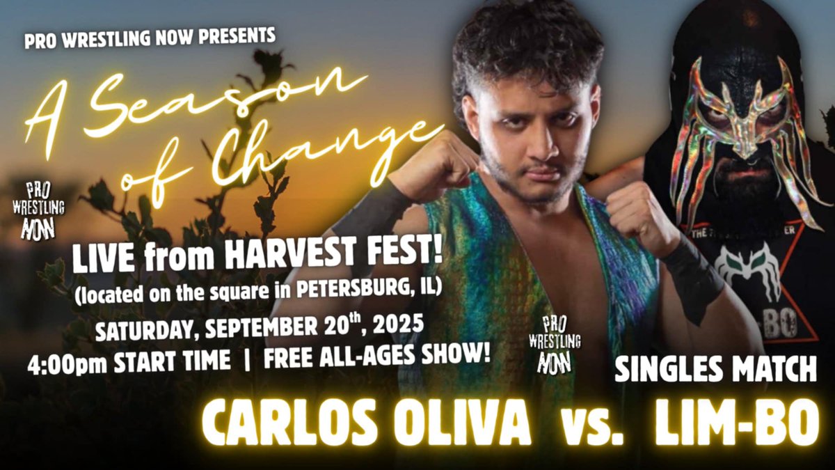 Match Announcement!!! 📣📣📣📣📣
Saturday, September 20th at Harvest Fest in Petersburg, Illinois it will be a "The Forgotten Monster" Lim-Bo vs."The Guatemalan Dragon" Carlos Olivia. Don't miss this possible show stealer and more!