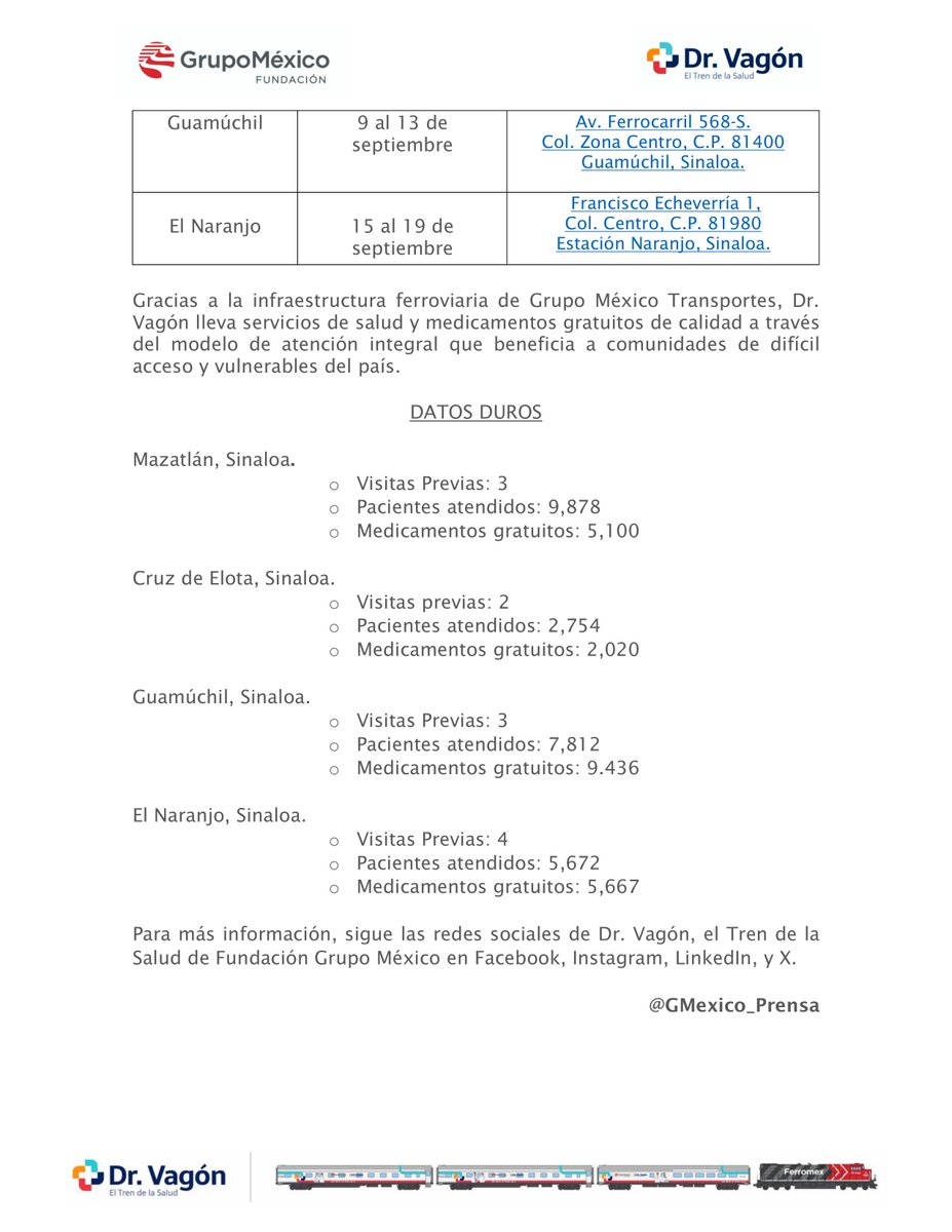 .<a href="/DrVagon_/">Dr. Vagón - Fundación Grupo México</a> de <a href="/FundacionGM/">FundaciónGrupoMéxico</a> llega a Sinaloa para ofrecer servicios de salud y medicamentos gratuitos a las comunidades de Mazatlán, Cruz de Elota, Guamúchil, y El Naranjo.