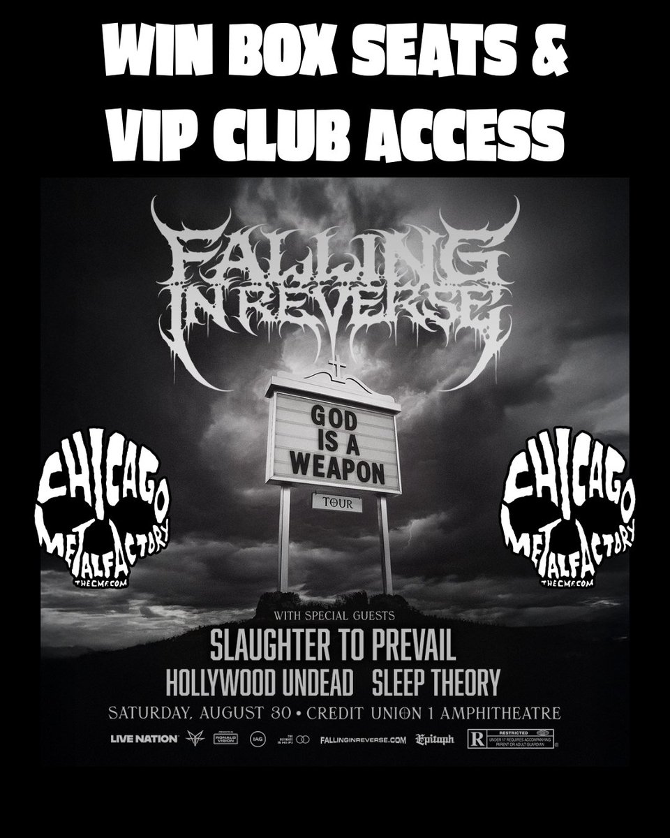 THE CMF (@thecmf) on Twitter photo WIN BOX SEATS to: @FALLINGINREVERSE, @SLAUGHTERTOPREVAIL, <a href="/hollywoodundead/">Hollywood Undead</a> & <a href="/SleepTheoryBand/">Sleep Theory</a> 8/30 @ <a href="/CreditUnion1Amp/">Credit Union 1 Amphitheatre</a>
ENTER HERE: thecmf.com/events/fir
tickets courtesy of
<a href="/thecmf/">THE CMF</a> WIN BOX SEATS to: @FALLINGINREVERSE, @SLAUGHTERTOPREVAIL, <a href="/hollywoodundead/">Hollywood Undead</a> & <a href="/SleepTheoryBand/">Sleep Theory</a> 8/30 @ <a href="/CreditUnion1Amp/">Credit Union 1 Amphitheatre</a>
ENTER HERE: thecmf.com/events/fir
tickets courtesy of
<a href="/thecmf/">THE CMF</a>