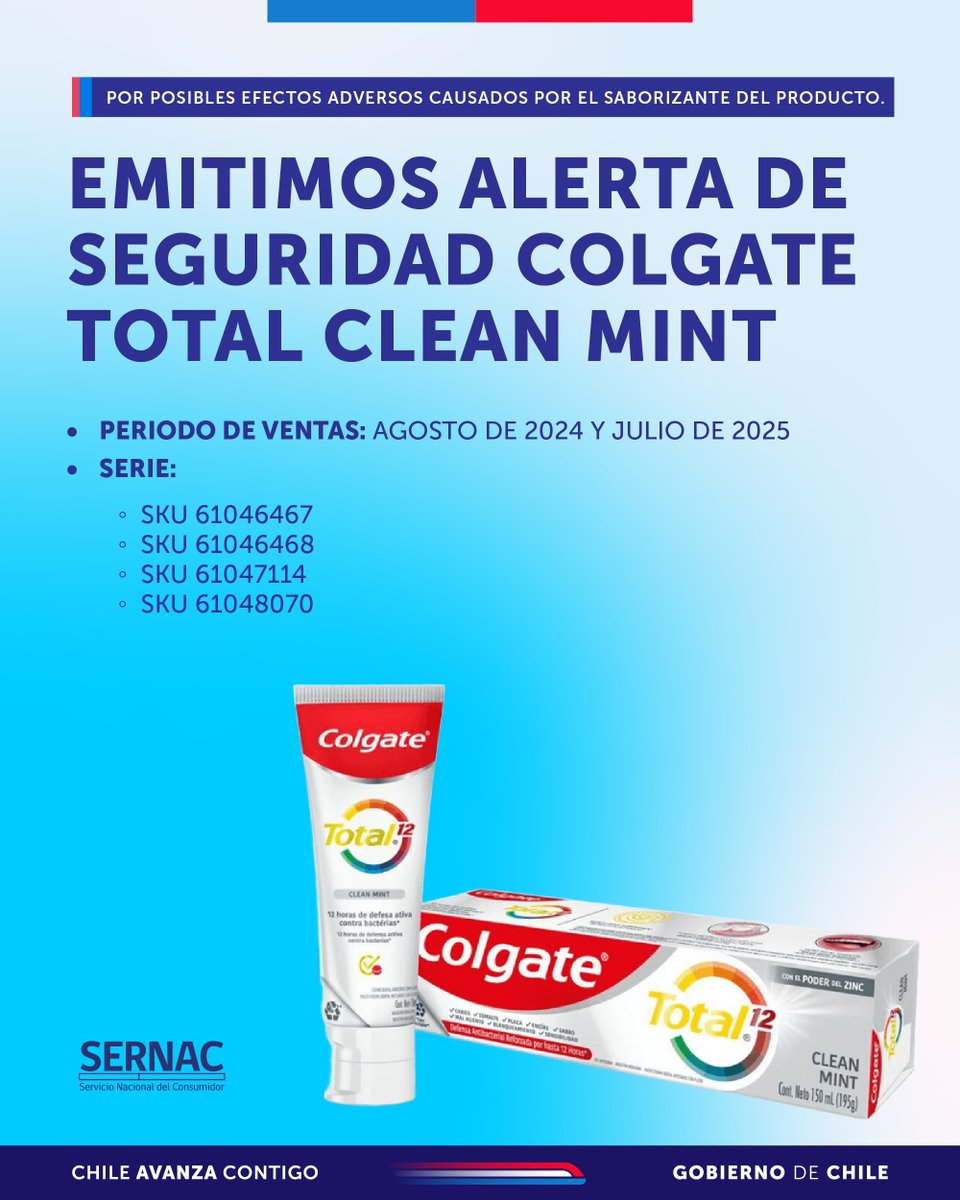 🔴SERNAC emitió una alerta de seguridad para la crema dental Colgate Total Clean Mint, vendida en Chile entre 2024 y 2025, debido a posibles efectos adversos causados por el saborizante del producto.

Más en👉sernac.cl/portal/619/w3-…