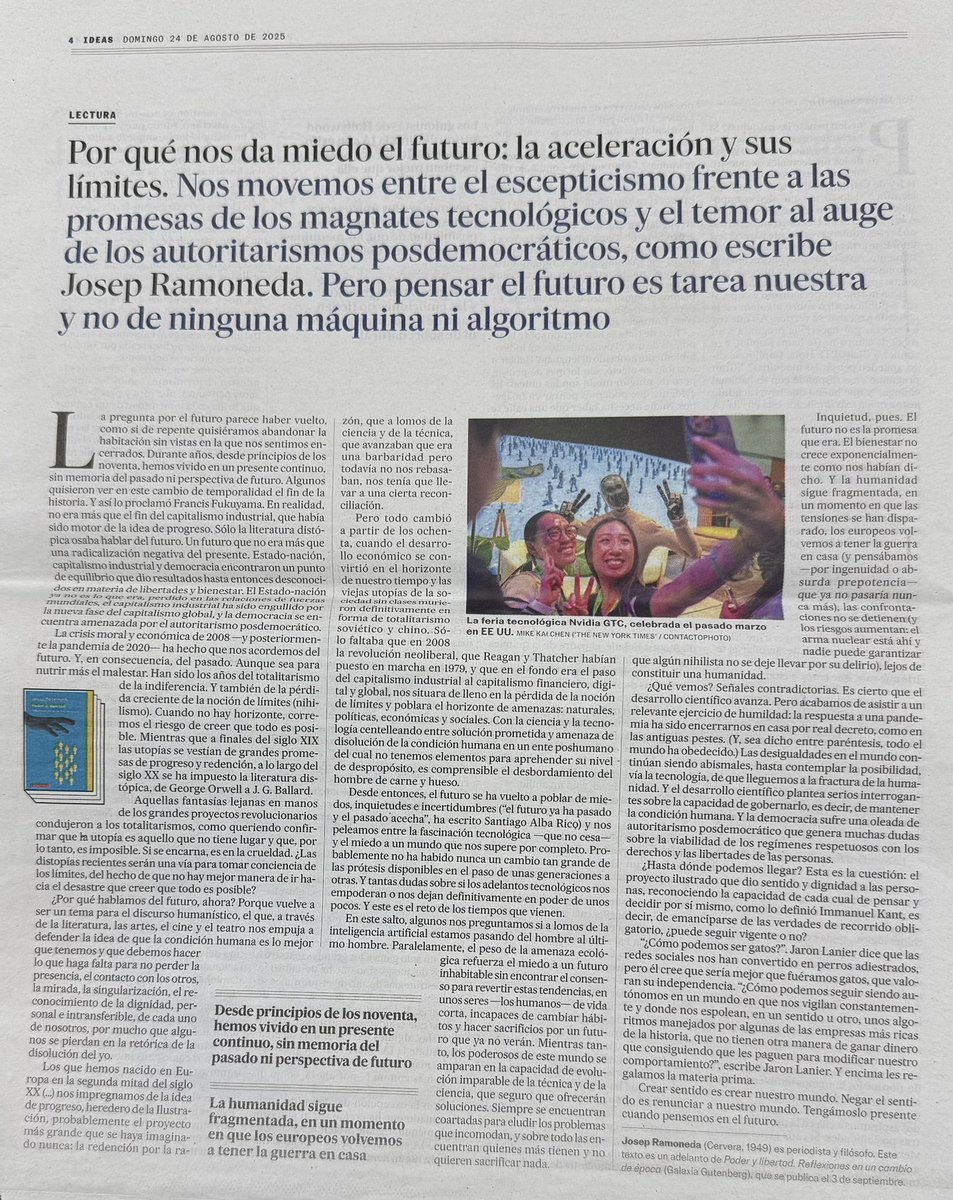 Potser ja toca començar a pensar (i a defensar) el futur. 

Molt interessant reflexió de Josep Ramoneda a la secció Ideas de <a href="/elpais_espana/">EL PAÍS España</a>

“desde principios de los noventa, hemos vivido en un presente continuo, sin memòria del pasado ni perspectiva de futuro”