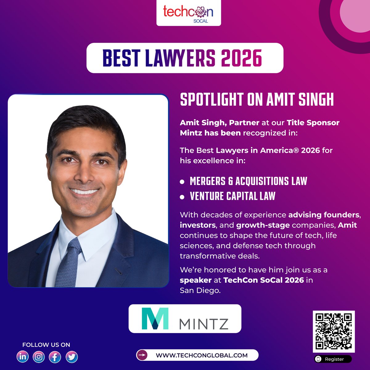 TechCon_Global's tweet image. 🏆 Big congrats to Amit Singh, Partner at Mintz, named in The Best Lawyers in America® 2026!

See him at TechConSoCal2026 shaping the future of tech &amp;amp; startups! 🚀

#TechCon #InnovationLeadership #BestLawyers2026 #TechConSoCal2026