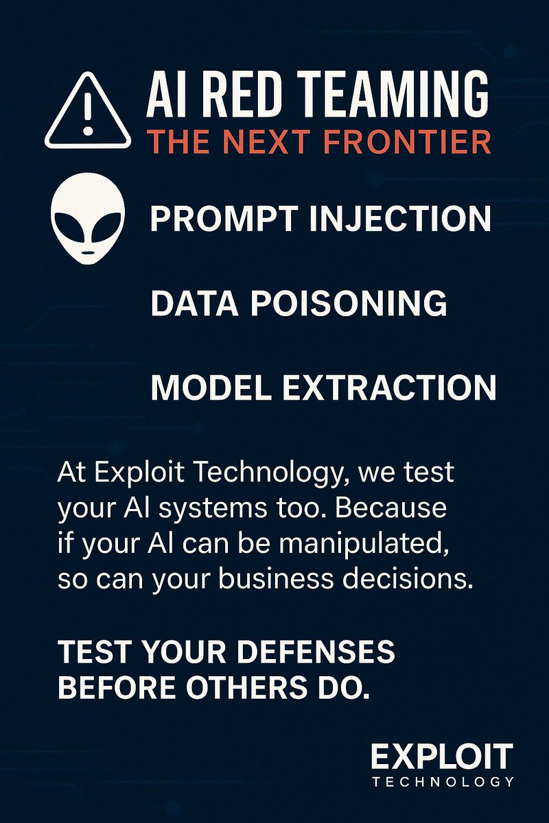 ExploitTech_US's tweet image. AI isn’t bulletproof. 🚨
Attackers are already exploiting:
⚡️ Prompt injection
⚡️ Data poisoning
⚡️ Model extraction
That’s why we run AI Red Teaming.
Your AI systems deserve the same scrutiny as your network.
👉 Test your defenses before others do.
#CyberSecurity #RedTeam #AI