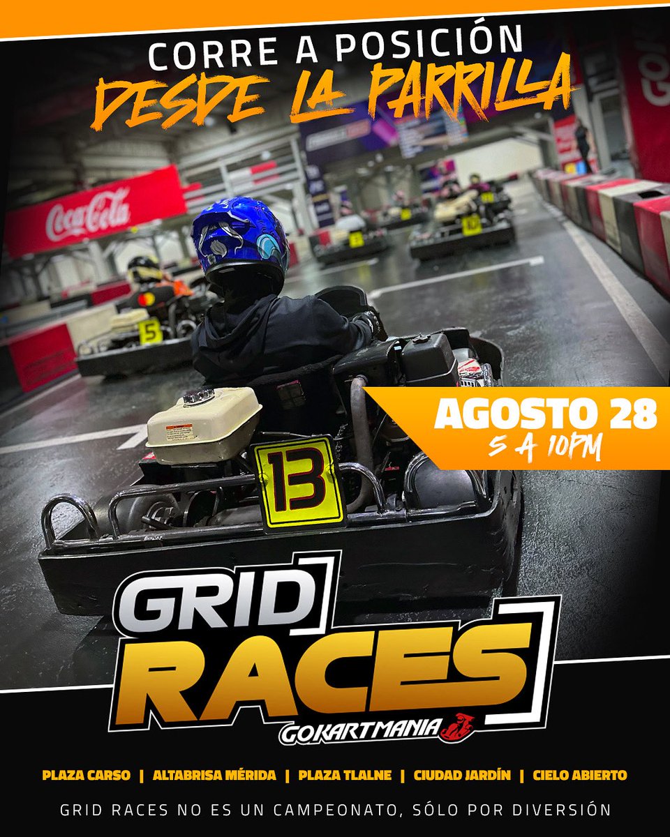 🚦🔥 ¡La adrenalina arranca en la parrilla!
Este jueves 28 de agosto ven a correr las GRID RACES y demuestra quién domina la pista desde la primera vuelta 🏎💨

⚡ Recuerda: no es campeonato, es pura diversión.

¿Listo para ganarle a tus amigos desde la salida? 👀🏁