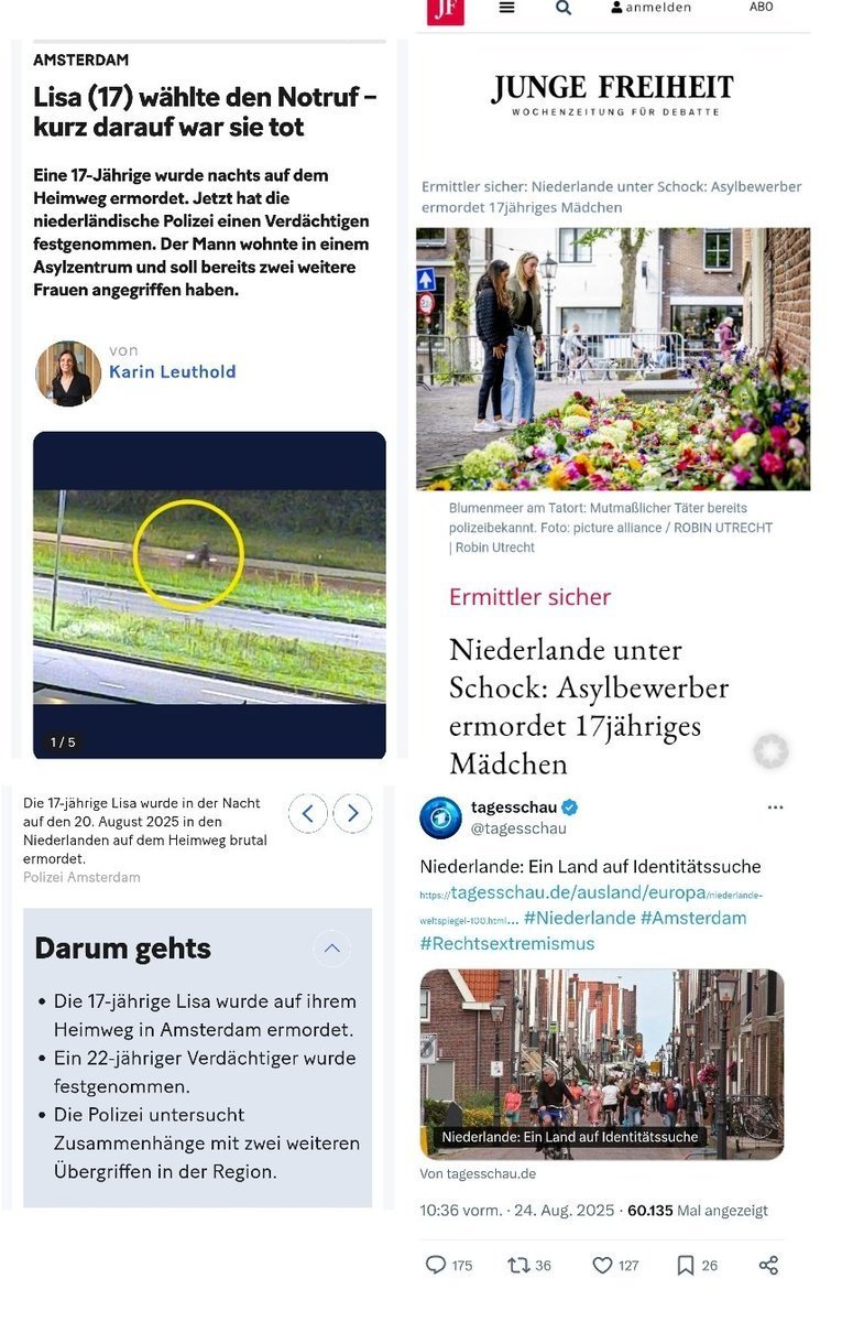 Die 17-Jährige Lisa wurde am 20.8.2025 von einem Asylbewerber ermordet. Um von dem Fall abzulenken, bringt die @Tagesschau am 24.08.2025 einen Artikel über den Rechtextremismus in den Niederlanden. #OerrBlog