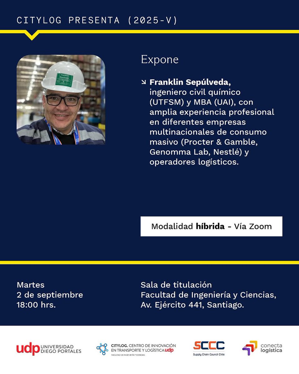 #CityLogUDP presenta "Complejidades en el diseño de la cadena de suministro" el 2 de septiembre a las 18:00 hrs. 🗓️En la instancia expondrá Franklin Sepúlveda, ingeniero civil químico (UTFSM) y MBA (UAI) con amplia experiencia profesional en diferentes empresas multinacionales.🗣️