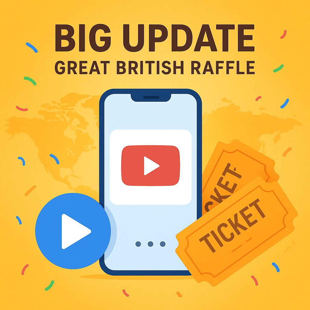 🚨 Big Update in the Great British Raffle app — live now! 🚨

🎥 You can now watch up to 10 video ads daily.

🎟️ Each video ad = 5 tickets → that’s 50 extra tickets every day.

⚡️ Reaching the 200 daily ticket cap is now faster than ever.

🔥 And it doesn’t end here…

🌍 Video