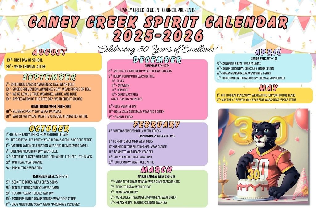 Milam Mustangs, Join us in dressing up for the spirit days this year to support our Caney Creek Panthers.  #TogetherWe Grow #MustangProud