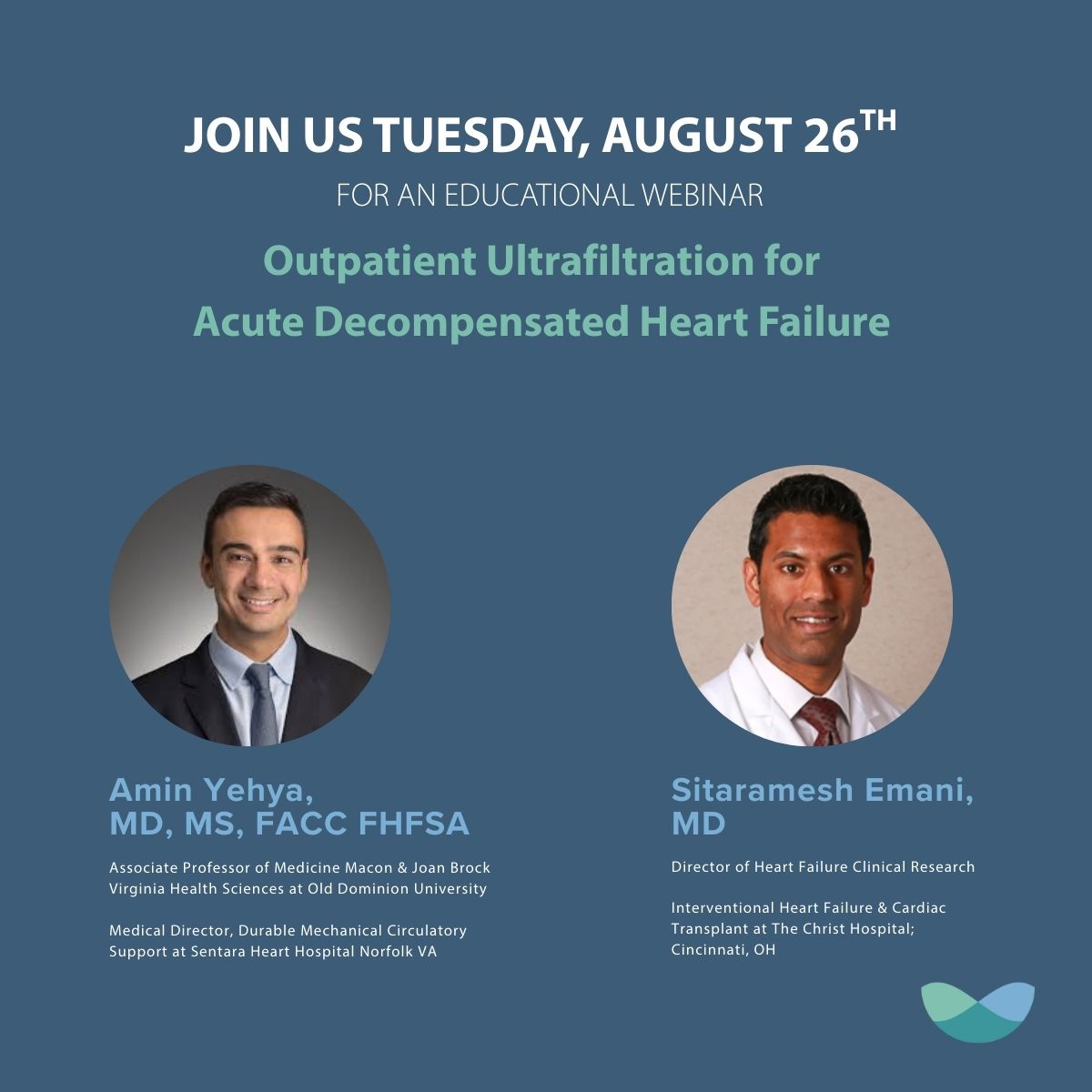 Join us on Zoom with Ramesh Emani and Amin Yehya, MD, MS, FACC, FHFSA at 1pm EDT tomorrow, 8/26 to learn how to utilize #Aquadex therapy in hospital-based outpatient program. 

Register here to be part of the discussion! 
lnkd.in/ga93eySB