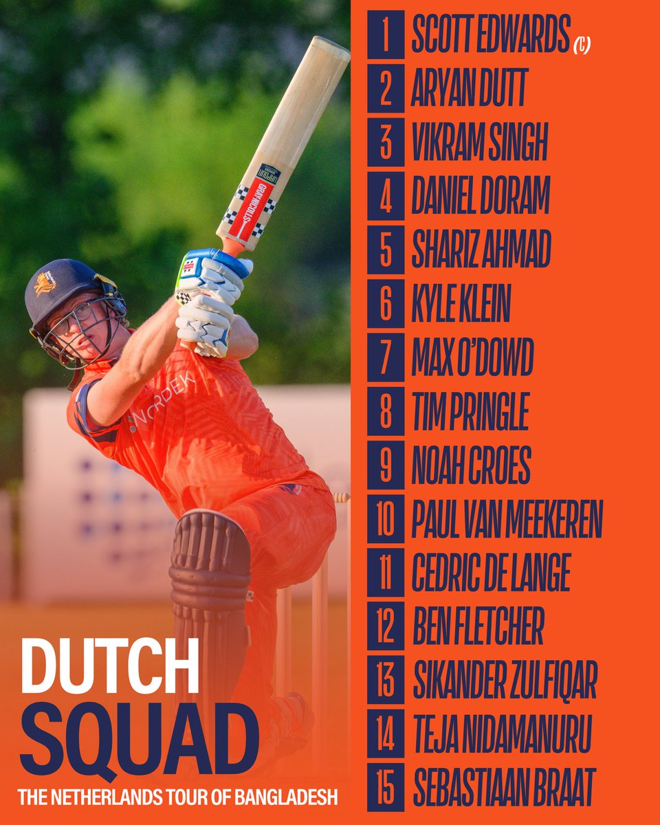 🚨 Dutch Squad Update

The squad for Bangladesh has taken on a new look with three changes.
Injuries to Fred Klaassen and Ryan Klein, along with the absence of Saqib Zulfiqar (personal commitments), have opened the door for some exciting inclusions.

✨ Cedric de Lange – At