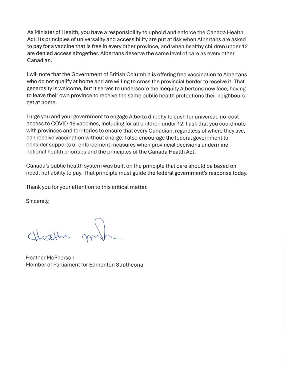 Today I called on the 🇨🇦 govt to guarantee universal, no-cost access to COVID-19 vaccines, including for every child under 12.

Under the Canada Health Act, every Canadian deserves equal access to care no matter where they live or how badly their provincial govt ignores science.
