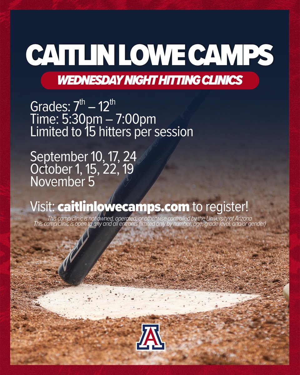 A_Freeman9's tweet image. LET’S HIT! Join us for our Wednesday Night Hitting Clinics!

🗓️: Sep 10, 17, 24 | Oct 15, 22, 19 | Nov 5 |
⏰: 5:30-7:00pm
📍: Rita Hillenbrand Stadium

Register now!