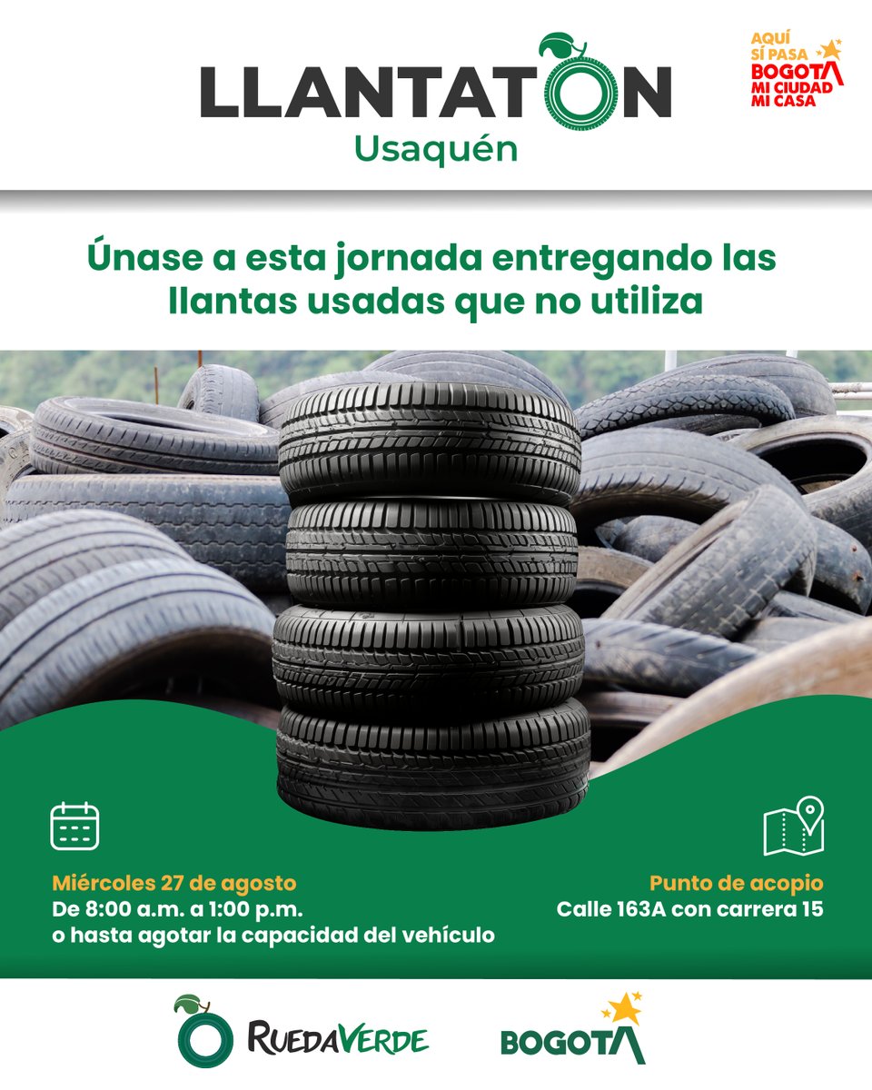 alcaldiausaquen's tweet photo. ♻️¡Hoy es la Llantatón en Usaquén!

🌍Entregando tus llantas usadas ayudas a cuidar el ambiente y a mantener limpio tu entorno 

📅Hoy 27 de agosto
⏰8:00 am a 1:00 pm
📍Punto de acopio Calle 163A con carrera 15

¡Tu compromiso hace la diferencia en #UsaquénNuestraCasa🏠! https://t.co/4Ne2ThY19C