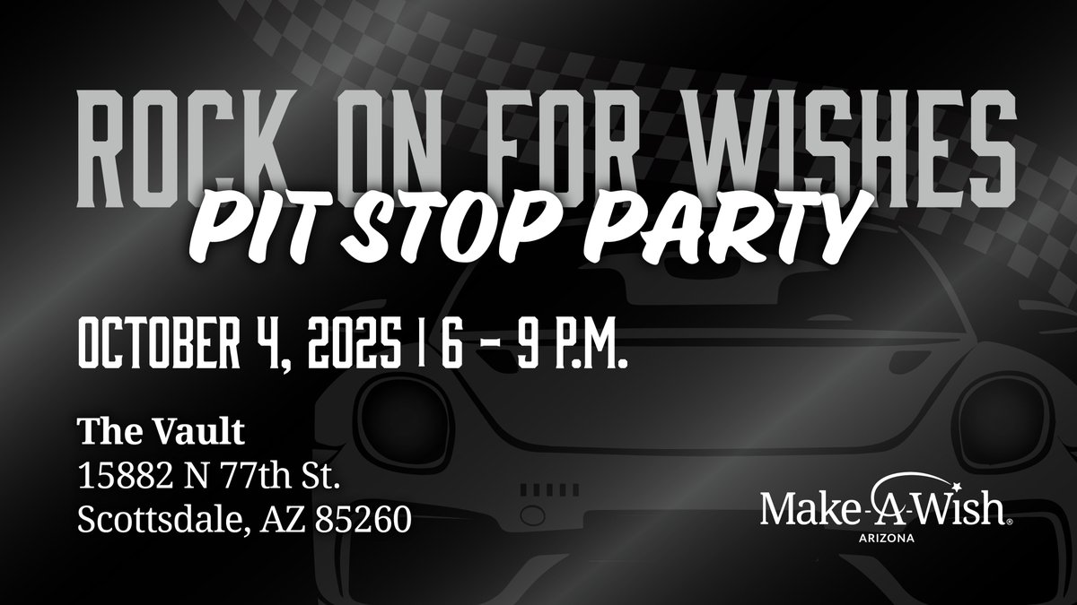 Shift into high gear for an exclusive evening at The Vault of Scottsdale , Arizona’s premier car storage destination, for Rock On For Wishes: Pit Stop Party on October 4, 2025.

Cruise through a night of music, bites, cocktails, and all-around good vibes in support of Make-A-Wish