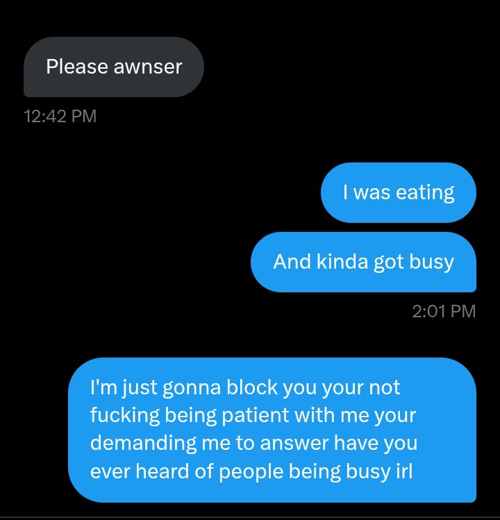 CorgiLighting__'s tweet image. Report and block this person she went at me and got all pissed at me saying I was being rude I wasn&apos;t being rude she was to me all i said my name is Lil Lighting not dude and that im ignoring her leaving her on seen when I was busy and she demanded me to answer her stupid jerk