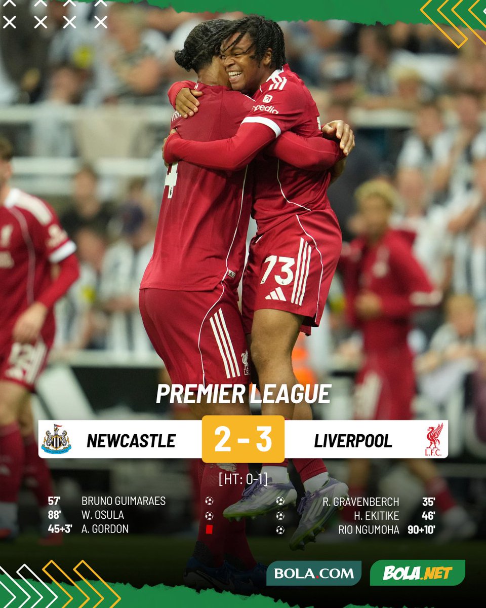 Bolanet's tweet photo. #LiveBolanet FT: Newcastle 2-3 Liverpool | Poss: 37%-67% | Shots on Target: 3-4 | Fouls: 17-15
Rio Ngumoha, bocah 16 tahun bawa Liverpool curi tiga poin dari markas Newcastle.
#Bolanet #Bolaneters #blcbm #premierleague #newcastle #liverpool https://t.co/BBbTEw5Hm2