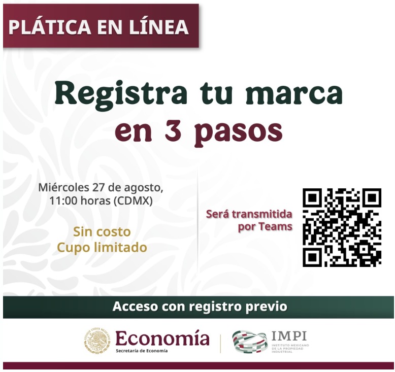 📢 Invitación Especial
¿Quieres proteger tu marca y darle valor a tu negocio? ✨

Acompáñanos a la plática en línea “Registra tu marca en 3 pasos” 🔹 🔹 🔹

🔗 Regístrate aquí: forms.office.com/r/K012MnuZcF
📩 Una vez registrado, recibirás en tu correo el enlace de conexión.