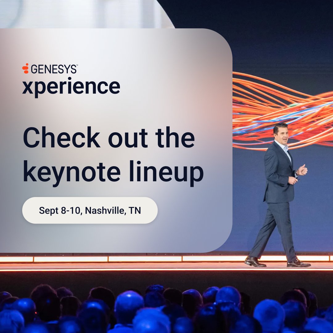 The future of AI-powered experiences are taking center stage at #xperience25.

Looking forward to hearing from Genesys execs on the latest innovation and roadmaps for the future.

Can't join us in Nashville? Reserve your spot to access the live stream: gsys.cx/4oQrGqW