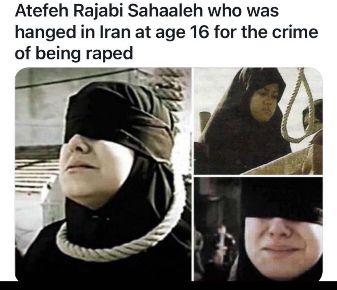 <a href="/realMaalouf/">Dr. Maalouf ‏</a> <a href="/Susan_E_J_USA/">🦖💜🤍💚Susan💚🤍💜🦖</a> The horrors of Sharia law from the most ignorant, misogynistic, backward cult on earth! This young girl was hung in Iran for the “crime” of being raped. Let that sink in and ask yourself why young women are defending these savages in the West?