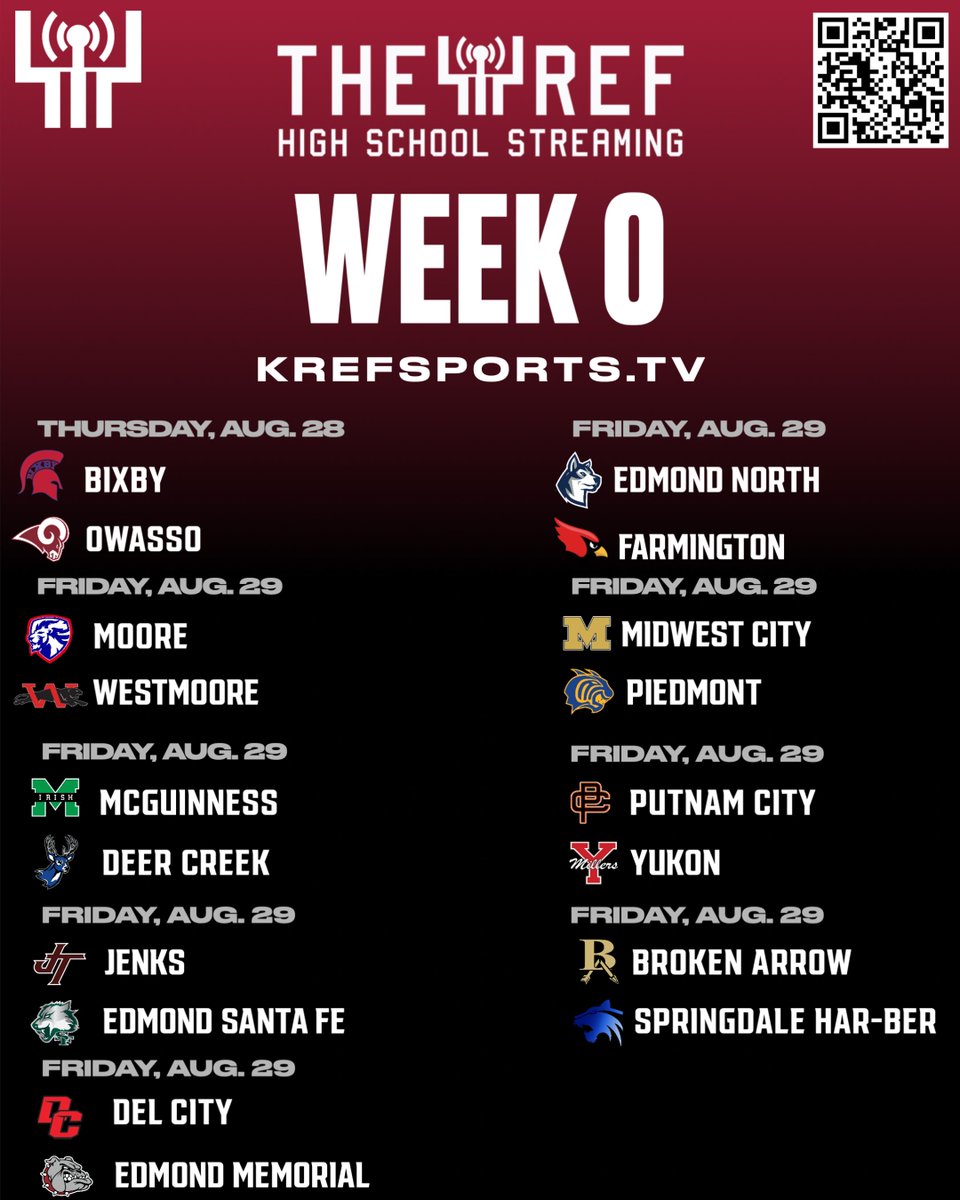 🏈 Week 0 of 6A HS Football 🏈

Here are the list of Games Broadcasted on Krefsports.tv 

Bringing you #OkPreps Football Coverage on Thursday &amp; Friday Night!