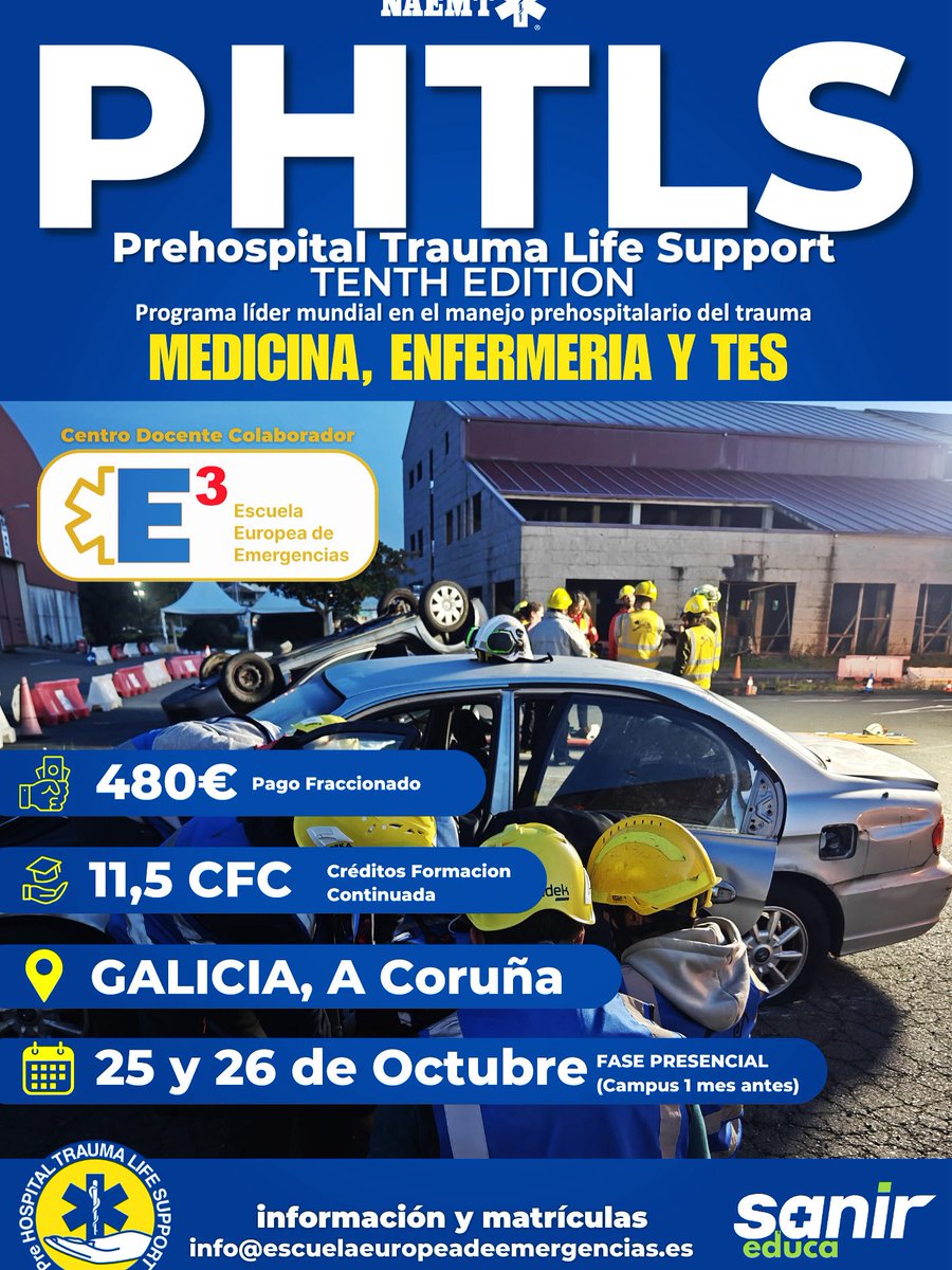 Volvemos con otra edición del PHTLS. Formación en trauma, plataforma on line, webinar, estaciones de destreza y aimulación clínica muy realista. 

Te esperamos.
#Galicia #Bomberos #Seguridad #prevencion #Formación #Emergencias