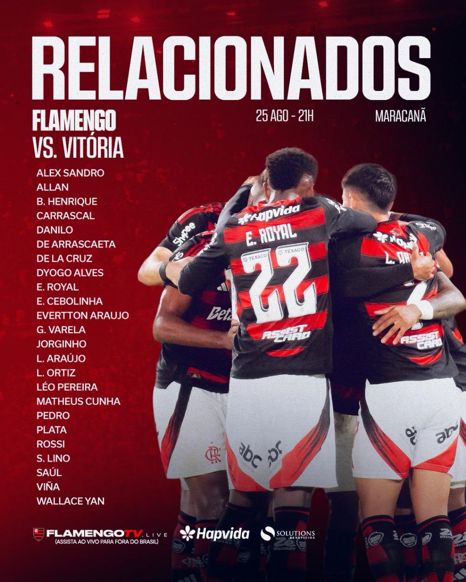 Flamengo divulga a lista de relacionados. Juninho, Ayrton Lucas, Michael, Victor Hugo e Matheus Gonçalves estão cortados