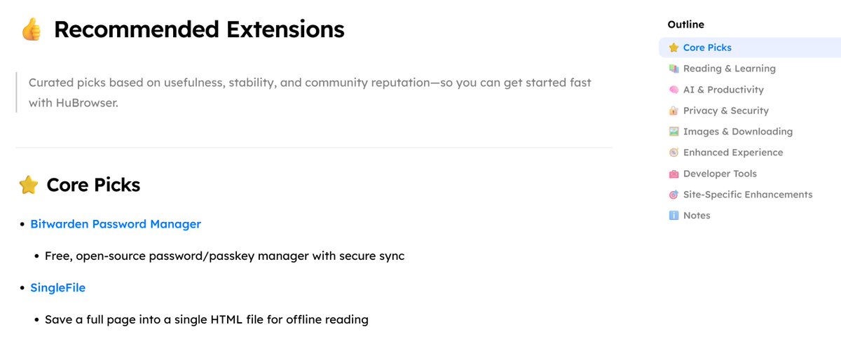 A list of recommended and optimized browser extensions, to help you get the most out of HuBrowser 
👉 hubrowser.com/guide/features…