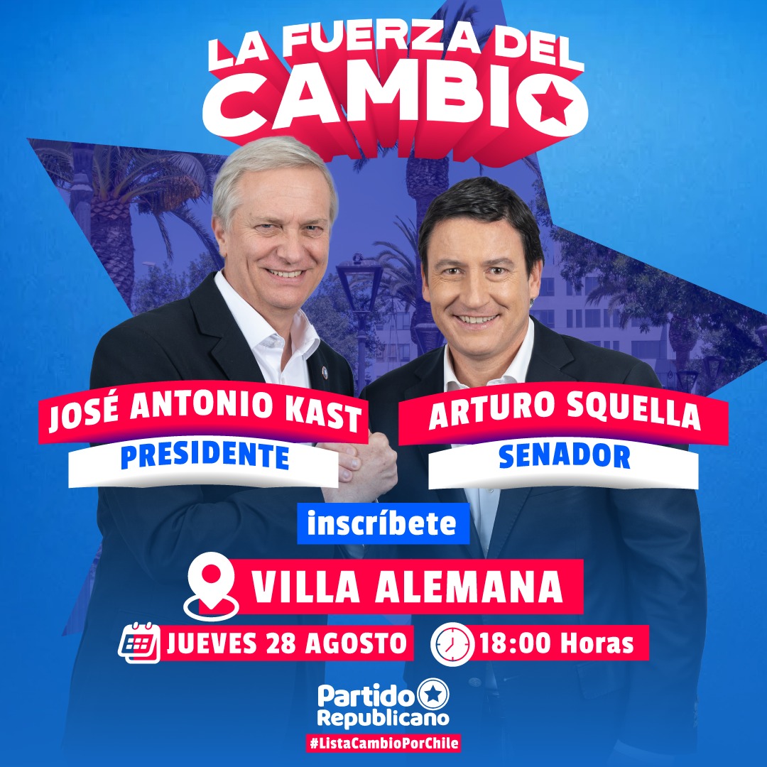 La Fuerza del Cambio llega a Villa Alemana 💪🏼🇨🇱

Este jueves 28 de agosto, a las 18:00 horas acompaña a José Antonio Kast, a Arturo Squella y todos a nuestros candidatos a senadores y diputados a un encuentro donde conversaremos sobre nuestras propuestas para recuperar Chile.