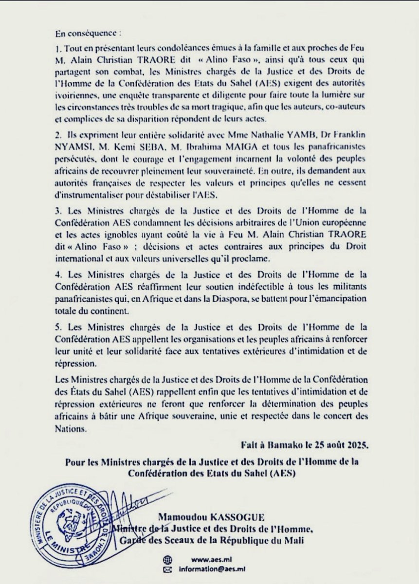 Nathalie Yamb (@nath_yamb) on Twitter photo 🇲🇱🇳🇪🇧🇫 Les ministres de la justice et des droits de l’Homme de l’AES condamnent fermement les sanctions  et harcèlement visant Nathalie Yamb, Kemi Seba, Franklin Nyamsi, Ibrahima Maiga, ainsi que les actes ayant conduit au décès de Alain Christian Traoré. 
Ils expriment leur 🇲🇱🇳🇪🇧🇫 Les ministres de la justice et des droits de l’Homme de l’AES condamnent fermement les sanctions  et harcèlement visant Nathalie Yamb, Kemi Seba, Franklin Nyamsi, Ibrahima Maiga, ainsi que les actes ayant conduit au décès de Alain Christian Traoré. 
Ils expriment leur