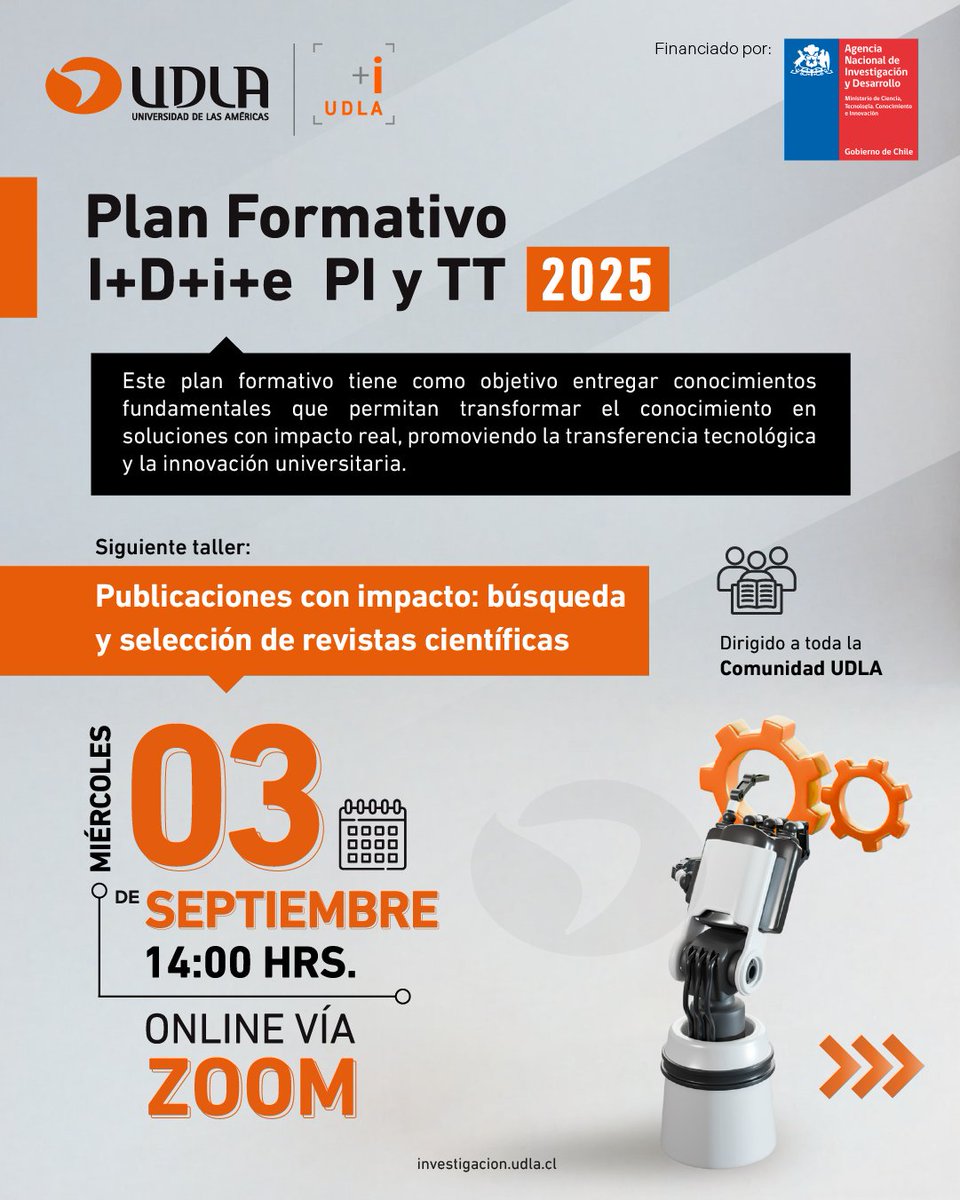🚀 ¡Nuevo taller del #PlanFormativo2025 en I+D+i+e. PI y TT!

✍🏻 Taller: Publicaciones con impacto: búsqueda y selección de revistas científicas
📅 Miércoles 03 de septiembre
🕟 14:00 horas

🔗 Inscríbete aquí: forms.office.com/r/8wyzq0SF1w

#UDLAi #UDLAinvestiga