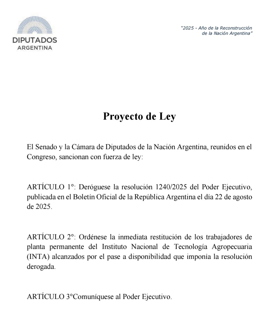 🏛 • Presentamos un proyecto para derogar la resolución que pasa a disponibilidad a +360 trabajadores del INTA. La misma se emitió minutos después de que el Senado rechace el decreto que disolvía el organismo, desconociendo un fallo judicial y la decisión soberana del Congreso👇