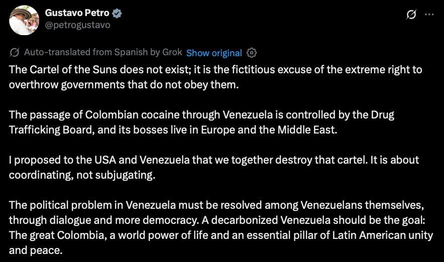 🇨🇴 COLOMBIA’S PRESIDENT: “CARTEL DEL SOL” IS A MYTH

Petro says the so-called Venezuelan drug cartel doesn’t exist, arguing it’s just a political excuse used to attack governments in the region.

He claims the real cocaine trade is run by international crime bosses in Europe and