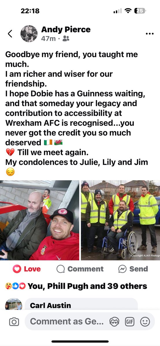 RIP Steve Gilbert all at <a href="/Wrexham_AFC/">Wrexham AFC</a> should remember his hard work crew the disabled platform as well as getting the <a href="/WSTtweets/">WST</a> to put in the constitution of the football that away fans should also have their own section in the <a href="/NL_Enterprise/">Enterprise National League</a> &amp; <a href="/EFL/">EFL</a> to enjoy games with their fan