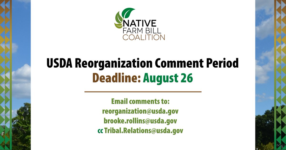 Native Farm Bill Coalition (@nativefarmbill) on Twitter photo The USDA has announced its plan to reorganize the agency and is accepting public comment.
We encourage Tribes & Tribal organizations to submit letters reorganization@usda.gov, brooke.rollins@usda.gov, and cc Tribal.Relations@usda.gov in all submissions.
nativefarmbill.com/actionalerts The USDA has announced its plan to reorganize the agency and is accepting public comment.
We encourage Tribes & Tribal organizations to submit letters reorganization@usda.gov, brooke.rollins@usda.gov, and cc Tribal.Relations@usda.gov in all submissions.
nativefarmbill.com/actionalerts