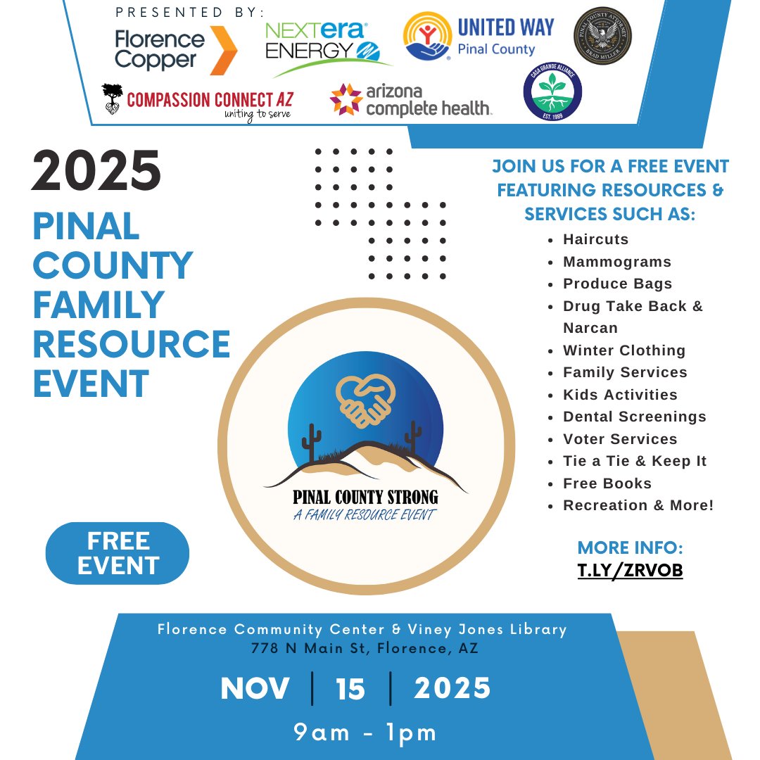 We are very excited about the 2025 Pinal County Family Resource Event happening November 15 in Florence, AZ.

Over 20 agencies have committed to join us with services and resources including haircuts, food, clothing, mammograms and much more!

Learn more: t.ly/eH2UB