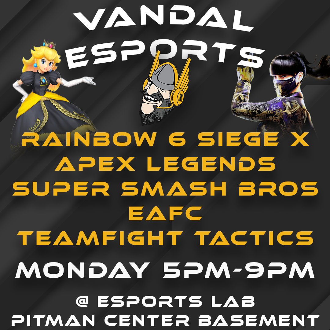 🚨 VANDAL ESPORTS TRYOUTS 🚨
Rainbow 6, Apex, SSBU, EAFC &amp; TFT 💥
📅 Monday | ⏰ 5–9PM
📍 Esports Lab – Pitman Center Basement

Show up. Show out. Join the team. 💛⚫
#VandalEsports #Esports #UIdaho