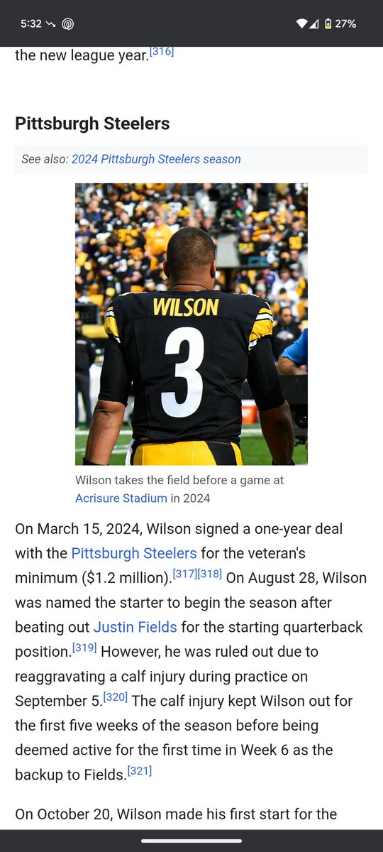 askmehowe's tweet image. Once again AI proving itself to be completely ridiculous. Russell Wilson didn&apos;t play for the Steelers in 2024! @JG_Nuke #aiproblems